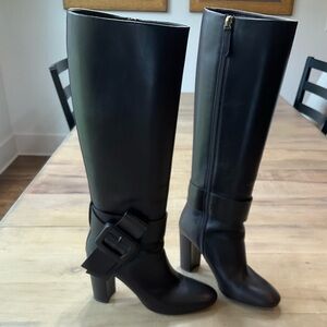Valentino Chocolate Brown Leather Knee-High Heeled Boots with Buckle